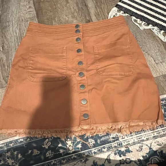 Madewell High Waist Snap Button Skirt Tan Denim Raw Hem Pockets Mini Pencil - Picture 15 of 15